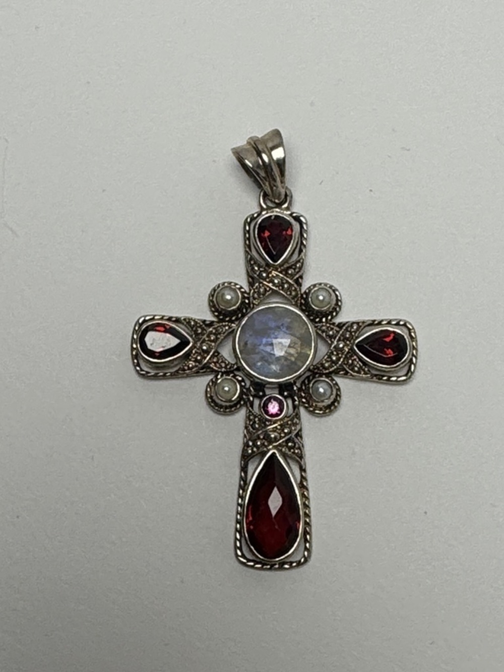 NICKY BUTLER Sterling Silver 925 Cross Pendant Red Garnet Moonstone Pearl Accent